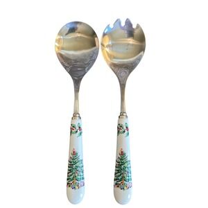 Spode Christmas Tree Salad Server Set Stainless Steel Ceramic Handles 2pc 9.75in